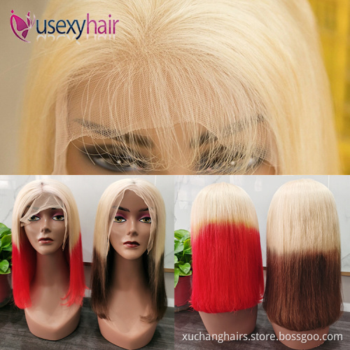 Wholesale Red Orange Pink Purple Blue Brazilian wig bob short wigsnatural human hair ombre colored short bob cut lace front wig